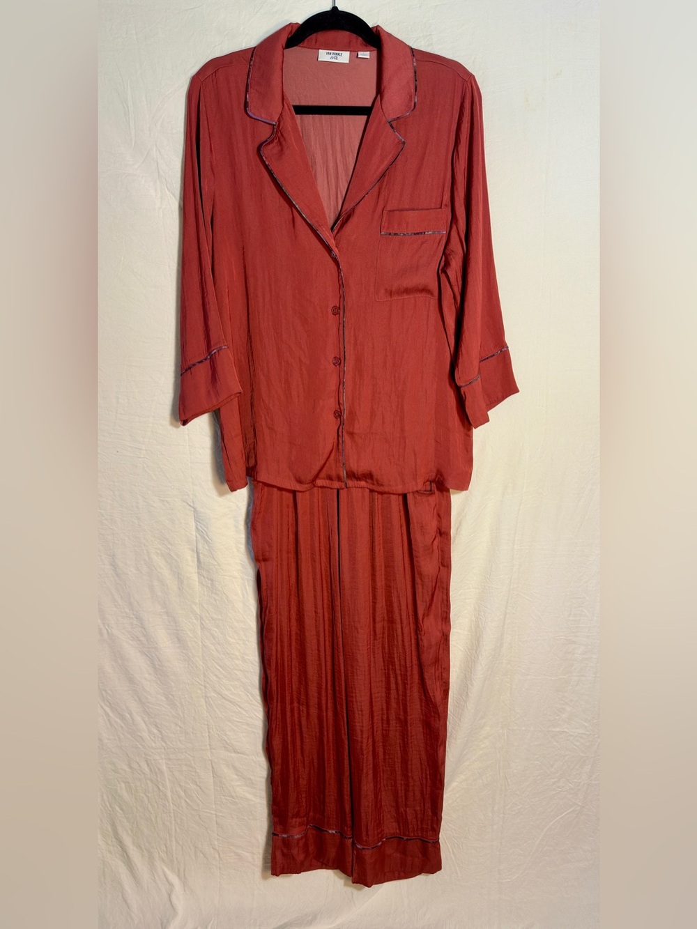 Van Winkle & Co Rust Satin Pajame Set L Top M Pants Contrast Piping Loungewear